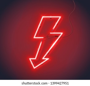 Neon sign of lightning. Vector illustration. Lightning icon, sign of energy, strike of flash