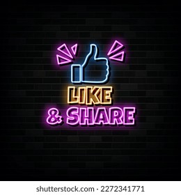 Neon Sign like and share with brick wall background vector