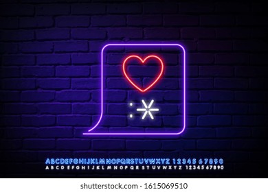 Neon sign like a speech bubble frame with a heart on a dark background. Light banner on the background of the wall.