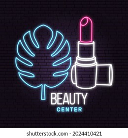 Neon sign. Lipstick with leaf logo, label, badge, sign, emblem, beauty center. For cosmetics, jewellery, beauty and handmade products, tattoo studios. Linear trendy style. Vector . Thin line icon