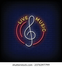 Neon Sign live music with brick wall background vector