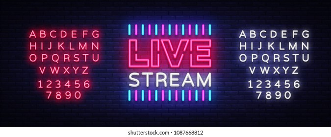 Neon sign live stream design element. Light banner, neon signboard for news and TV shows, as well as live broadcasts. Vector illustration. Editing text neon sign