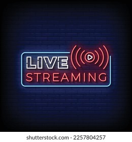 Signo neón streaming en vivo con el vector de fondo de pared de ladrillo