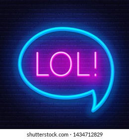 Neon sign lol in frame on dark background. Light banner on the wall background.