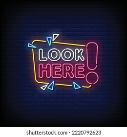 Neon Sign look here with brick wall background vector