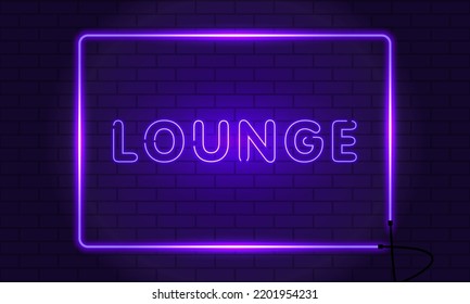 Neon sign lounge in a frame on brick wall background. Vintage electric signboard with bright neon lights. Purple light falls. Vector illustration