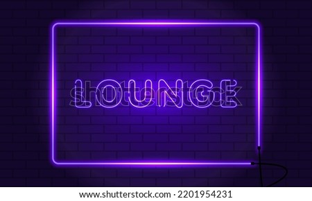 Neon sign lounge in a frame on brick wall background. Vintage electric signboard with bright neon lights. Purple light falls. Vector illustration