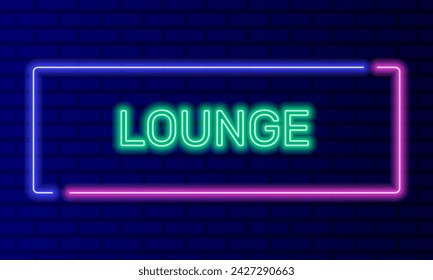 Neon sign lounge in speech bubble frame on brick wall background vector. Light banner on the wall background. Lounge button relax bar, design template, night neon signboard