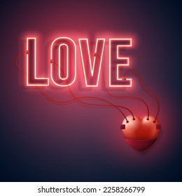 Neon sign love connected to a heart on an illuminated dark background. Vector illustration.