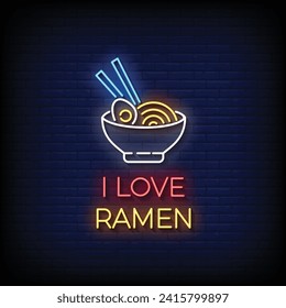 Neon Sign i love ramen with brick wall background vector