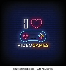 Neon Sign i love video games with brick wall background vector