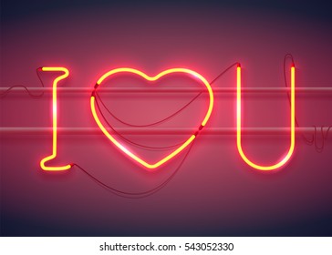 Neon sign, I Love You with heart on dark background with sparks. Design element for Happy Valentine's Day. Ready for your design, greeting card, banner. Vector illustration.
