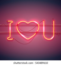 Neon sign, I Love You with heart on dark background with sparks. Design element for Happy Valentine's Day. Ready for your design, greeting card, banner. Vector illustration.