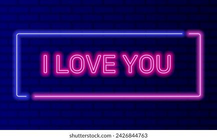 Neon sign i love you in speech bubble frame on brick wall background vector. Light banner on the wall background. I love you button care and compliments, design template, night neon signboard