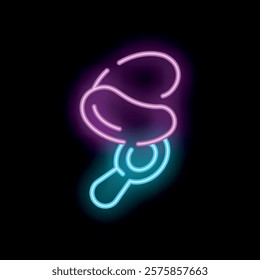 Neon sign of a magnifying glass examining a coffee bean on a black background