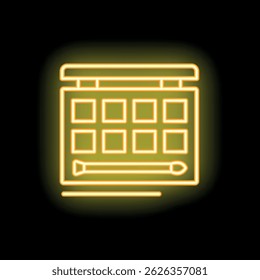 Neon sign of a makeup palette glowing yellow on a black background