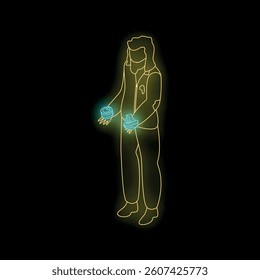 Neon sign of a man holding futuristic devices, glowing yellow and blue on a black background