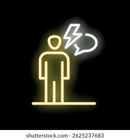 Neon sign of a man standing and receiving shocking news through a speech bubble with a lightning bolt