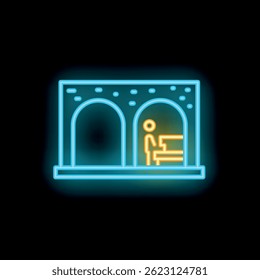 Neon sign of a man standing at a subway or train station platform