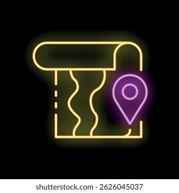 Neon sign of a map with a location pin in purple showing the destination