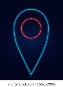  signo de neón. Asigna el pasador. Pasador de posición. Icono de mapa de ubicación. Asigne el signo de neón del puntero. Símbolo luminoso sobre fondo negro. Icono de estilo neón.