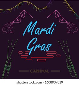 Neon sign of Mardi Gras celebration, isolated in purple party background