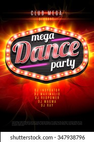 Neon sign mega Dance party in light frame on red  flame background. Vector illustration. EPS10