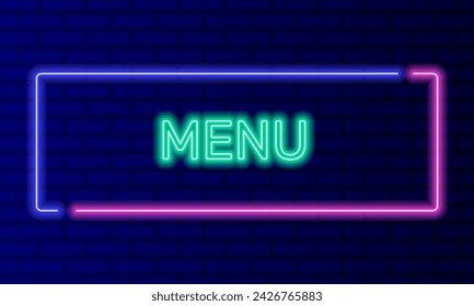 Menú de signo de neón en el marco de burbuja de voz en el vector de fondo de pared de ladrillo. Banner de luz en el fondo de la pared. Botón de menú para comida rápida o restaurante, plantilla de diseño, letrero de neón nocturno