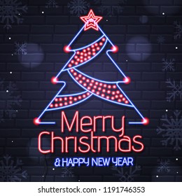 Neon sign merry christmas and happy new year on brick wall background. Christmas greeting card design