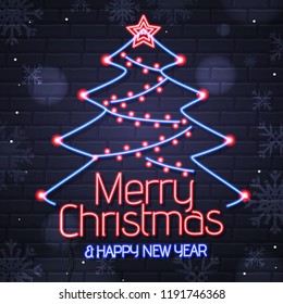 Neon sign merry christmas and happy new year on brick wall background. Christmas greeting card design