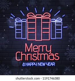 Neon sign merry christmas and happy new year on brick wall background. Christmas greeting card design