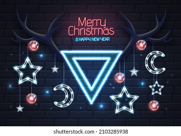 Neon sign Merry Christmas and happy New Year. Christmas background with deer horns and christmas decorations