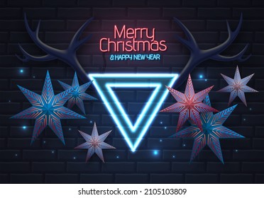 Neon sign Merry Christmas and happy New Year. Christmas background with deer horns and christmas decorations