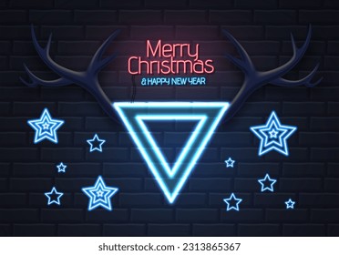 Neon sign Merry Christmas and happy New Year. Christmas background with deer horns and christmas decorations