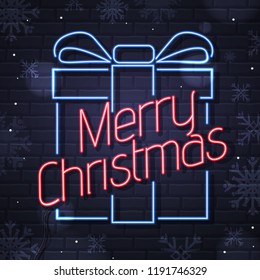 Neon sign merry christmas on brick wall background. Christmas greeting card design