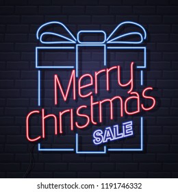Neon sign merry christmas on brick wall background. Vintage electric signboard