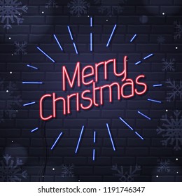 Neon sign merry christmas on brick wall background. Christmas greeting card design