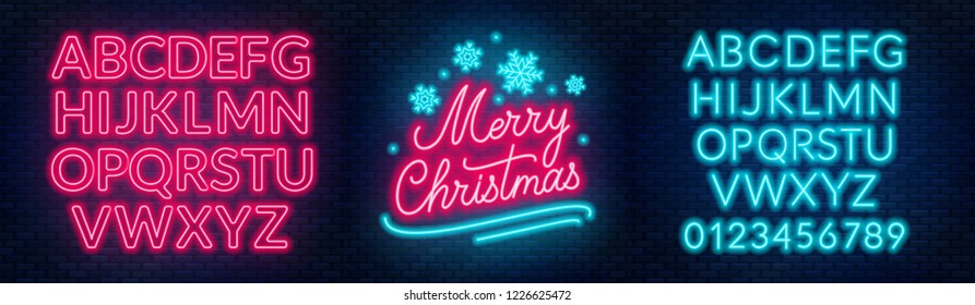 Neon sign merry christmas on a dark background with bright alphabets.