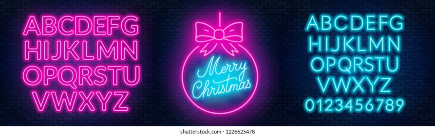 Neon Sign Merry Christmas On A Dark Background With Bright Alphabets.