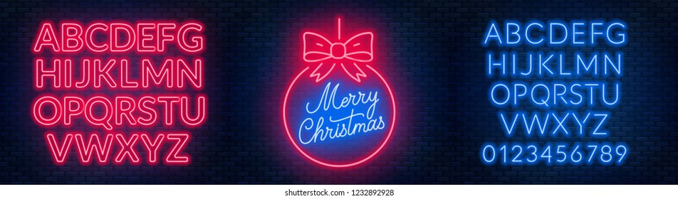 Neon Sign Merry Christmas On A Dark Background With Bright Alphabets.