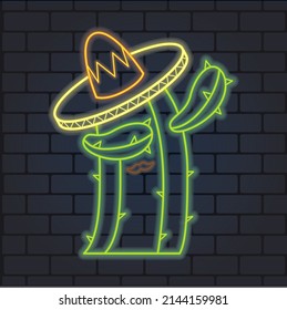 Neon sign with  mexican cactus in sombrero dancing dab. Vector illustration.