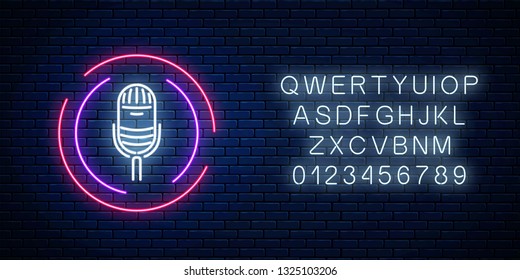 Neon Sign With Microphone In Round Frame With Alphabet. Nightclub With Live Music Icon. Glowing Street Sign Of Bar With Karaoke And Live Singers. Sound Cafe Icon. Rock Show Poster. Vector Illustration