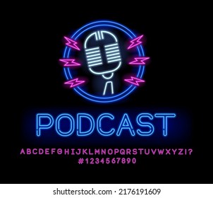 Neon sign microphone in round frame and type font. Radio show or podcast icon. Live Music icon set. Radio podcast logo. Editable vector illustration