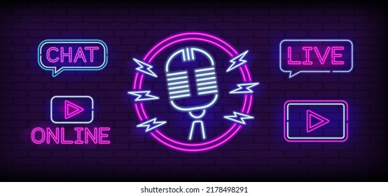 Neon sign with microphone in round frame and live chat or music. Live Music icon set. Online glowing style sign. Radio show or podcast icon. Play button neon icon set. Vector illustration