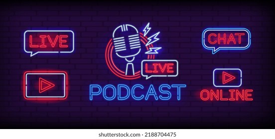 Neon sign with microphone in round frame and live chat or music. Live Music icon set. Online glowing style sign. Radio show or podcast icon. Play button neon icon set. Vector illustration