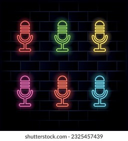 Neon sign with microphone in round frame. Disco with live music icon. Bright bar street sign with karaoke and live singers. Coffee icon sound. Rock concert poster. Vector illustration. many colors.