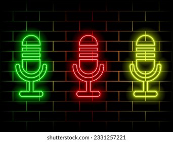 Neon sign with microphone in round frame. Disco with live music icon. Bright street sign of bar with karaoke and live singers. Coffee icon sound. Rock concert poster. many colors.