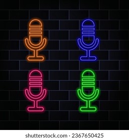 Neon sign with microphone in round frame. Nightclub with live music icon. Sound coffee icon. Rock concert poster. Vector illustration.. yellow, red, green, blue, pink and orange