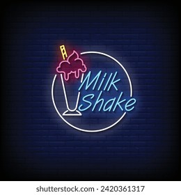 Neon Sign milk shake with brick wall background vector