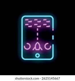 Neon sign of a mobile phone showing a game being played in purple and blue, with a black background
